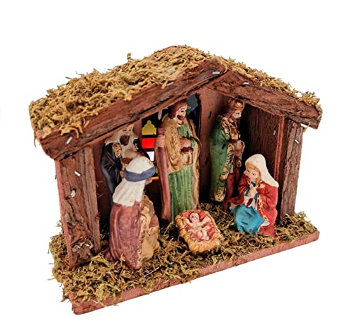 Spetebo Julkrubba i trä med LED-belysning – 20 cm – upplyst bordsspjälsäng med 6 figurer – traditionella julbord träd dekoration batteridriven