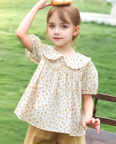 Image of Girls Summer Short Sleeve Tops Cute Ruffle Square Neck Peplum Shirts Casual Cotton Smocked Blouse 2-12 Y