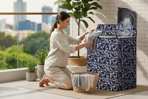 Image of The Furnishing Tree Semi-Automatic Top Load Washing Machine Cover | Waterproof & Dustproof | Easy to Clean | Inlet & Outlet Pipe Provision | Durable & Washable, Self Blue Polyester (51x80x86 CM)