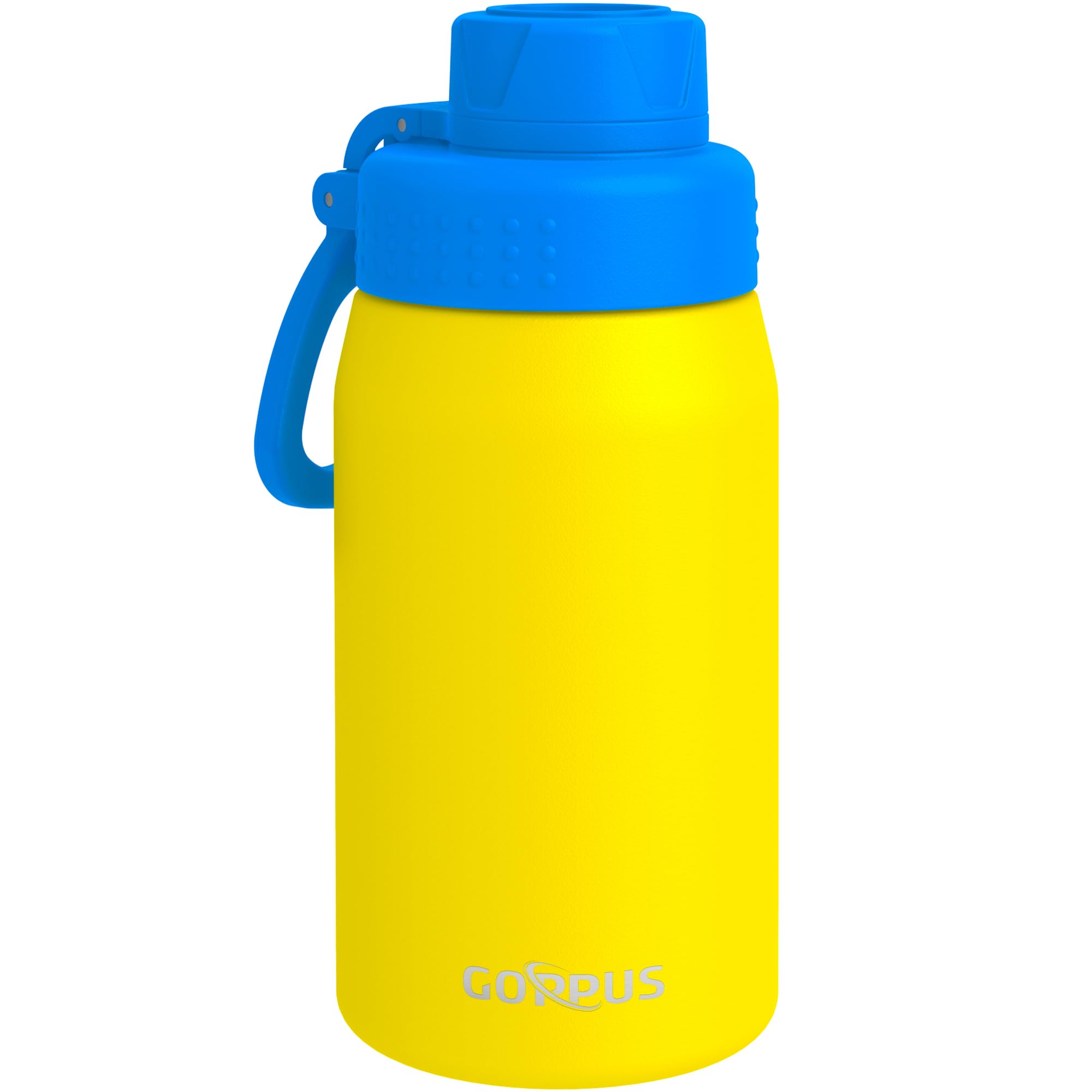 GOPPUS 420ml/15oz Kids Insulated Water Bottle with Screw Lid (No Straw) Stainless Steel Toddler Bottle School Flask Girls Boys Drinks Cup with Handle & Leakproof & Keep Drinks Cold (Blue Yellow) — image 1