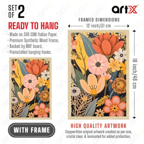 Image of ArtX Paper Boho Art Paintings with Frame for Home Decor, Floral Wall Painting for Living Room, Multicolor, Natural Wood Color Frames, Set of 2