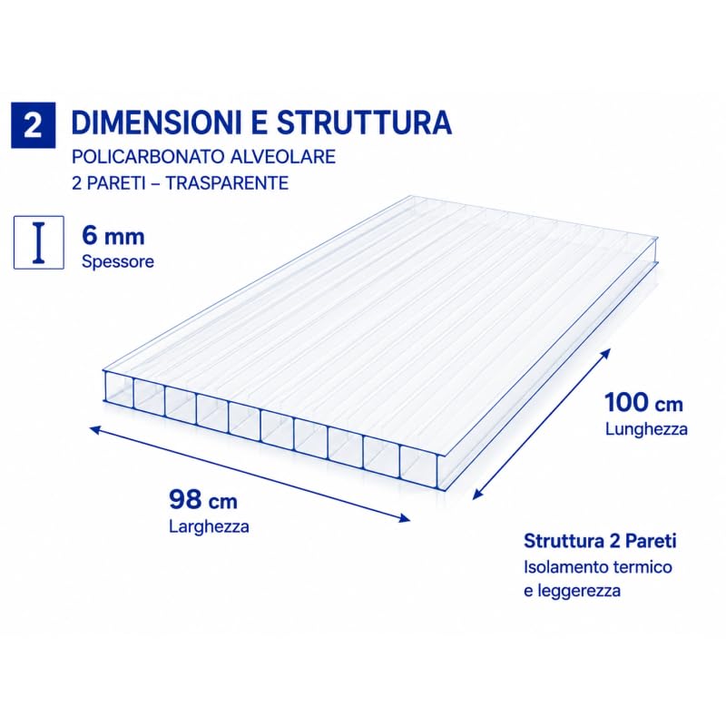 Policarbonato Alveolare 6 mm 100x98 cm Trasparente 2 Pezzi