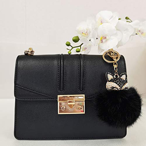 Anple Genuine Rabbit Fur Ball Pom Pom Keychain With A Fashion Alloy Fox Head Studded With Synthetic Diamonds(Rhinestone) For Womens Bag Cellphone Car Charm Pendant Decoration(Black Style 2) #TOP4