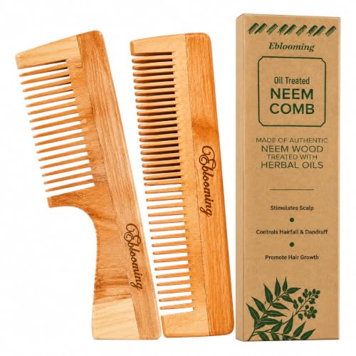 Image of Neem Wooden Hair Comb Set | Dual Tooth & Handle Comb Combo for Women & Men | Wide & Fine Tooth Detangling Comb | Smooth Rounded Teeth for Everyday Hair Care & Styling | Pack of 2