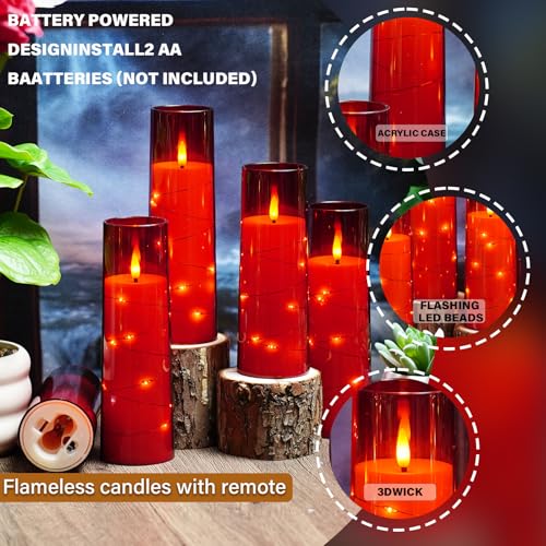 Image of Nimiko Flickering Flameless LED Candles,Battery Operated Candles 24 Pcs with Embedded Star String,Acrylic LED Pillar Candles with Remote,Suitable for Home Decoration to Create an Atmosphere (Red)