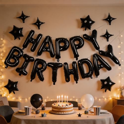 Image of Black Happy Birthday Balloons Banner 16 Inch Mylar Foil Letters, 10 Inch Five & Four Star, Inflatable Party Decor and Birthday Decorations for Women, Men, Boys & Girls Kids and Adults, Party Supplies