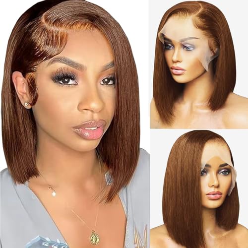 VCVVCV Brown Bob Wig Human Hair 13x6 Hd Lace Front Human Hair Wigs For Black Women Glueless Lace Front Wigs Pre Plucked 180% Density Short Straight Bob Wig 12 Inch