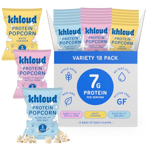 Khloud Protein Popcorn, 18 Pack Snack-Size Variety Pack - Protein Popcorn Made with Real Simple Ingredients & 7g Protein - Non-GMO, Gluten Free & Kosher - Healthy Snacks