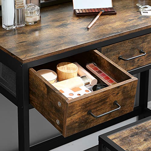 VASAGLE Kaptafel met kruk, Dressing Table met 3-delige klapspiegel en 3 lades, stalen frame, vintage bruin-zwart RVT02BX - Image 7