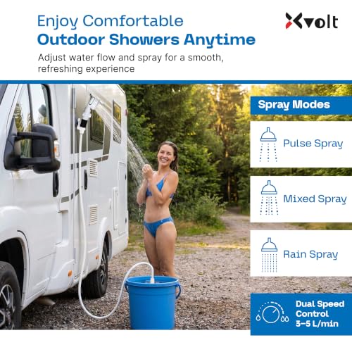 Ducha portátil para camping Xvolt con bomba eléctrica recargable, cabezal de ducha modular, manguera flexible y uso exterior miniatura 2