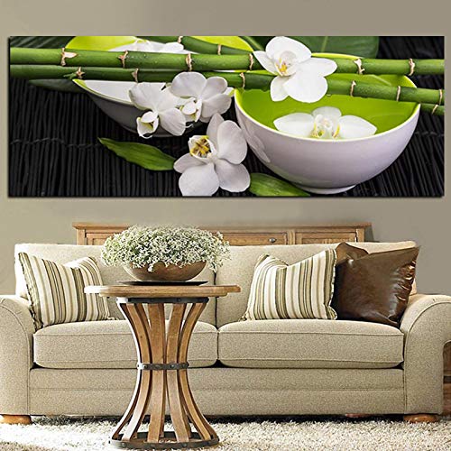 Peinture sur toile bambou et orchidée verte 40x105cm art mural moderne sans cadre pour salon