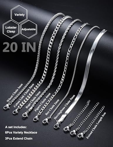 LOLIAS Silver Chain Necklace for Men Women - 6Pcs Stainless Steel Cuban Link/Rope/Box/Figaro/Herringbone/Wheat Chain Layered Stacked Necklace Set 16/18/20/22/24 Inches2