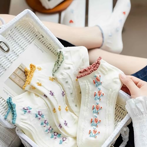 Image of Lefe Liee flower crew socks for women, girls cute Casual cotton socks, ruffle floral ankle socks 5 Pack