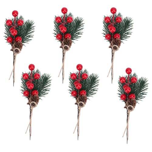 Tomotato Rami di Pino Artificiali con Bacche Rosse e Pigne Decorativi, 6PCS Foglie Verdi, Plastica e Filo di Ferro Flessibile per Decorazioni Casa Giardino Matrimonio Esterno