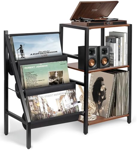 Porta Vinil, Estante Vinil, Estante para Toca-Discos com Bolsa de Armazenamento em Tecido Oxford, Suporte para Toca-Discos, 3 Níveis Com Armazenamento