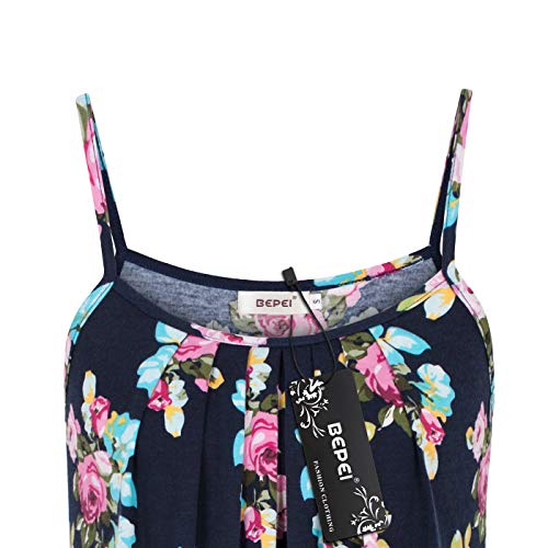 BEPEI Womens Tank Tops,Loose Fit Flowy Tops Summer Casual Basic Tanks Trendy Comfortable Flower Print Camisoles Party Country Travel Vacation Tank Top Pleated Hem Clothing Navy Blue Red XL