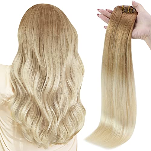 Full Shine Clip in Hair Extensions Seamless Weft 16 Inch Human Hair Clip in Extensions Skin Weft 100 Gram 14 Golden Blonde to 60 Platinum Blonde Clip-in Hair Extensions Remy Hair 8 Pcs