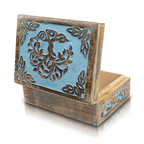 Great Birthday Gift Handmade Decorative Wooden Jewelry Box Tree Of Life Carving Jewelry Organizer Keepsake Box Treasure Chest Trinket Holder Watch Box Storage Lock Box Housewarming Gift (Blue Wash Finish)