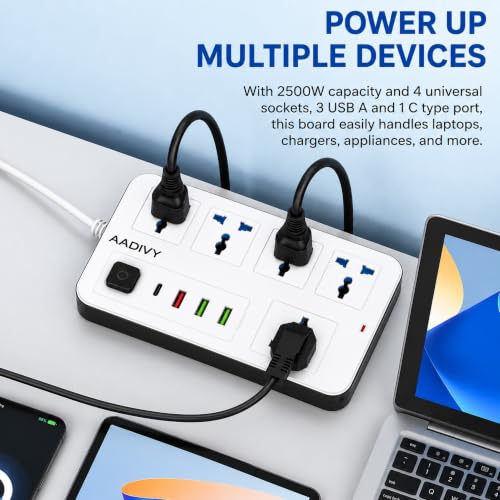 Image of 8 in1 Universal Extension Board with 4 Sockets 3 USB Ports, 1 PD Type-C Fast Charging | 2500W Heavy Duty Power Strip with Switch | 1.8 M, Cord for Home Office TV Computer Mobile