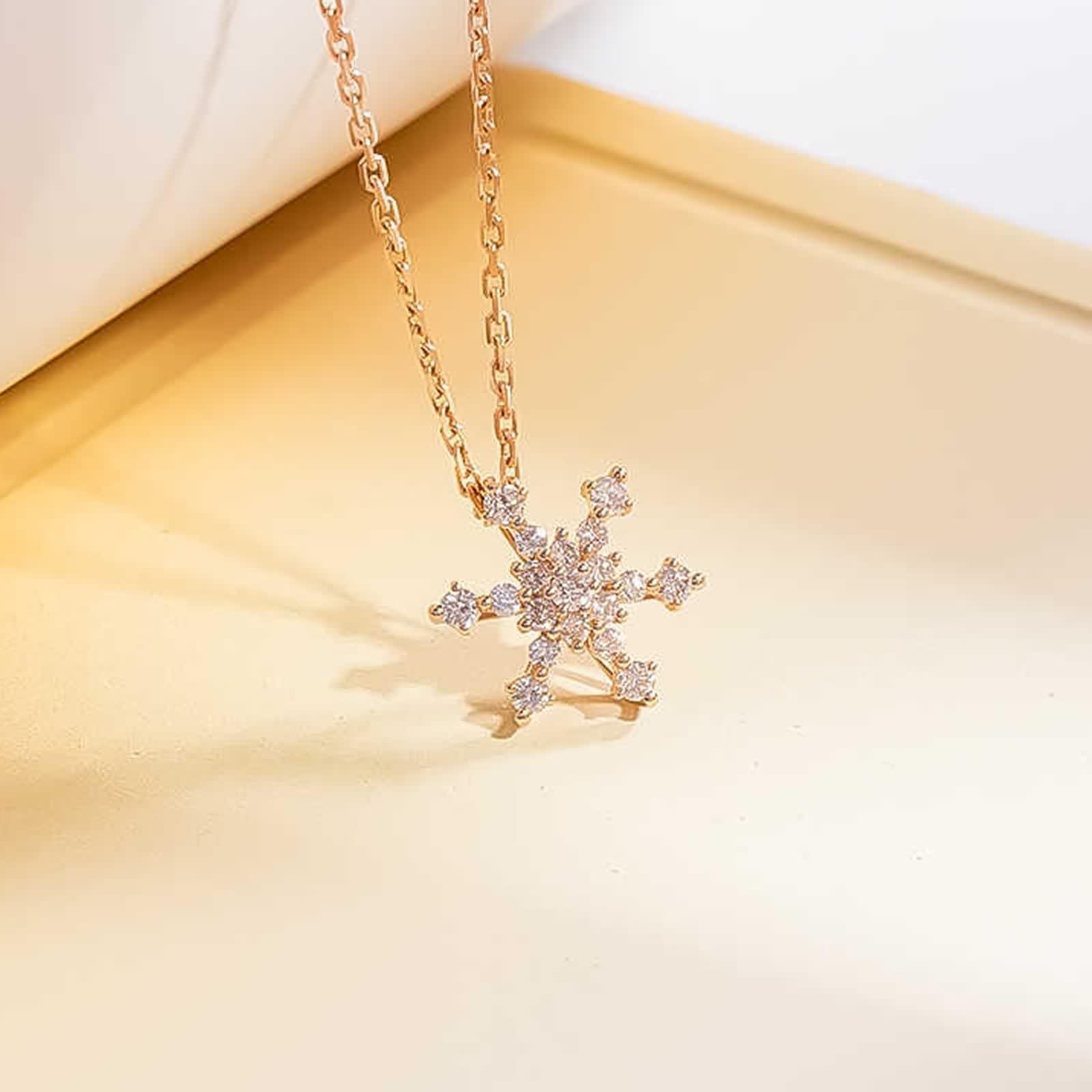 Collar con colgante para mujer, cadena de diamante, copo de nieve, oro rosa real de 9 K, 14 y 18 quilates