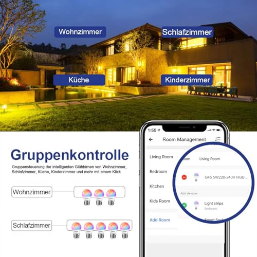 EXTRASTAR Smart Glühbirne E27 G45, Alexa LED WiFi Lampe 2700K-6500K, 4.9W 470LM 16 Millionen Farben WLAN Dimmbar Glühbirne, RGB Birne Kompatibel mit Alexa,Google Home, 2 Stück – Bild 6