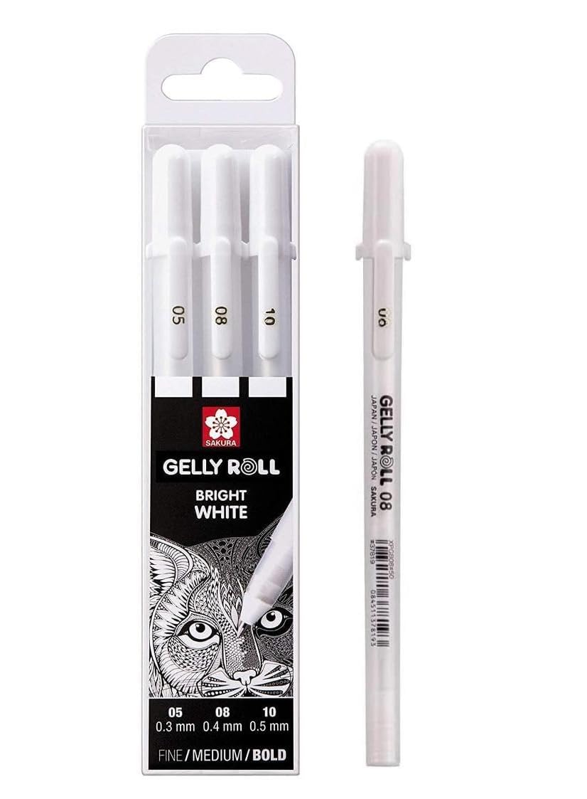 GELLY ROLL Sakura Blanc, 4 bolígrafos Bright White en una funda, Mix-Size 05/08/08//10.