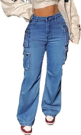 Jean Cargo Pants Women y2k Wide Leg Boyfriend Streetwear Pants Relaxed Style Light wash Sweatpant