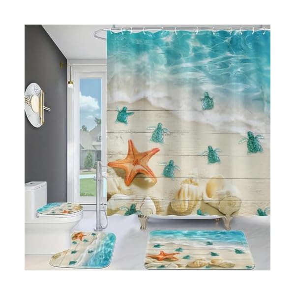 4pcs Seesternmuschel Schildkröte Gedrucktes Badezimmer-Set, Wasserdichter Duschvorhang, rutschfeste Matte, WC-Deckel-Matte Und U-Form-Matte, Badewanne-Trennwand – Bild 4