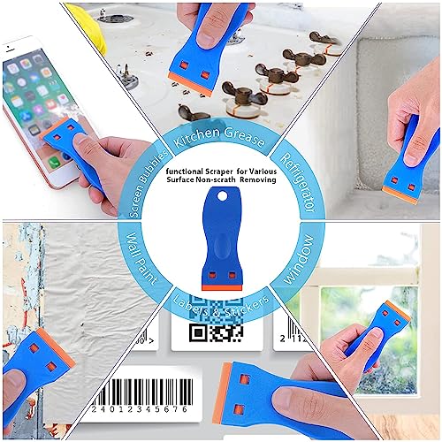Plastic Razor Blades Scraper, 4PCS Plastic Scraper 10PCS Blades, Putty Knife Scratch-proof, Car Glass Windows Tile Desktop Cleaning Tool, for Glue Labels Stickers Decals (Plastic)