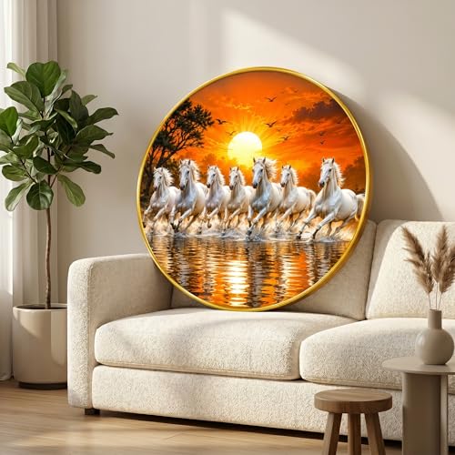 Image of SAF 7 Horse Vastu Round Wall Painting with Premium PVC Golden Frame, White Running Horses Sunset Water Art for Living Room Office Home Decor Gift (23 x 23 Inch) GR-449