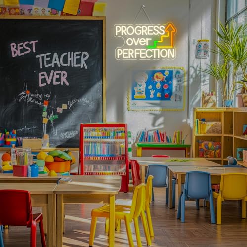 Image of Horseneon Progress Over Perfection Neon Sign Classroom LED Wall Decor for Students, Teachers & Study Areas, USB-Powered with Adjustable Brightness