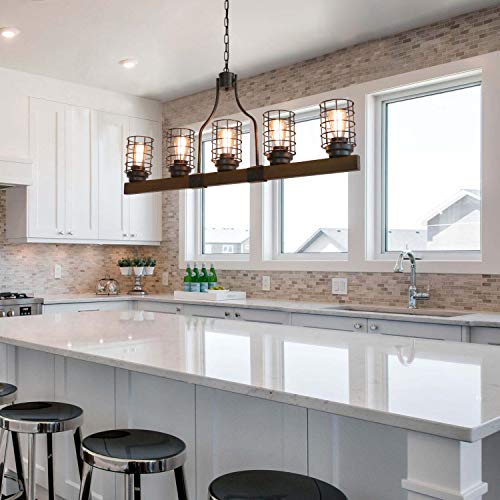 Eumyviv Farmhouse Cage Rustic Chandelier Kitchen Island 5 Lights, 42" L Large Linear Industrial Pool Table Pendant Lighting Vintage Edison Ceiling Light Fixture, Brown & Black(C0073) #TOP6