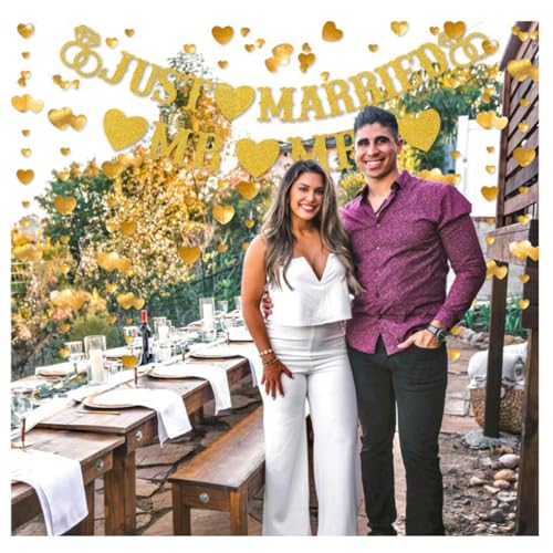 Image of Just Married Party Decorations, Gold Glitter Just Married Mr & Mrs Banner with Heart Garland for Bridal Shower Engagement Wedding Party Decorations Supplies