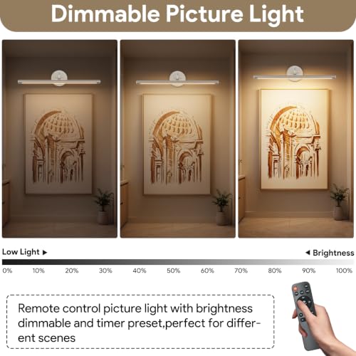Tipace Hard-Wired Picture Light for Wall,3CCT Dimmable/Timer Off Dartboard Light for Pictures with Remote,23.6 Inch Brushed Nickel Art Light for Paintings,Full Metal Painting Display Lights by Tipace - Used condition - Image 6