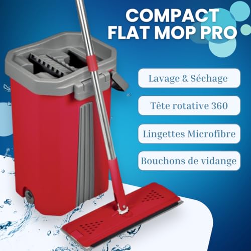 Balai Serpillière Mop Compact Malin – Kit Complet de Nettoyage avec Seau 2 Compartiments Nettoyer / Essorer – Manche 141 cm, Lingettes et Tête Plate et pivotante XL (Balai Pro + 2 Lingettes) – vue 6
