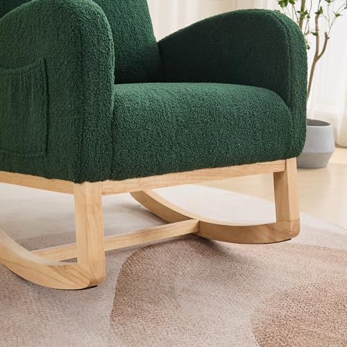 Image of Rocking Chair Nursery, Glider Rocking Accent Chair with Wood Legs, High Back Pocket Modern Upholstered Nursery Chair, Comfy Accent Rocker Armchair for Living Room Bedroom, Sherpa Green