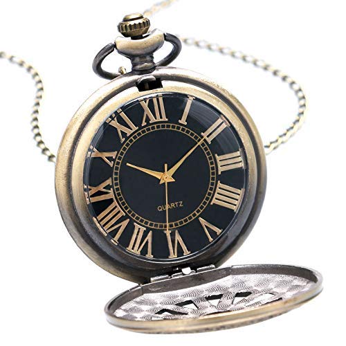 Montre De Poche Rétro Chiffres Romains Noire – Pendentif Quartz Avec Longue Chaîne 80 Cm