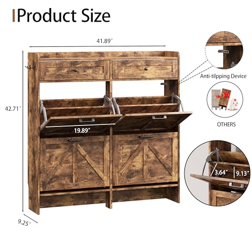Image of Shoe Cabinet with 4 Flip Drawers & 2 Top Drawers, 43 inch Tall Freestanding Narrow Wooden Shoe Storage Organizer for Entryway, Hidden Slim Shoe Rack for Front Door Entrance, Hallway, Living Room, Brown
