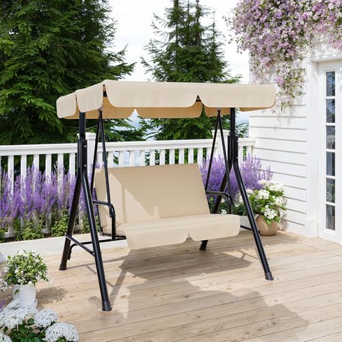 Image of Garvee Outdoor Porch Swing with Adjustable Canopy, 3-Seat Patio Swing Chair with Stand, Heavy Duty Outdoor Swing for Adults, Metal Frame Patio Swing for Garden, Backyard & Poolside,Khika