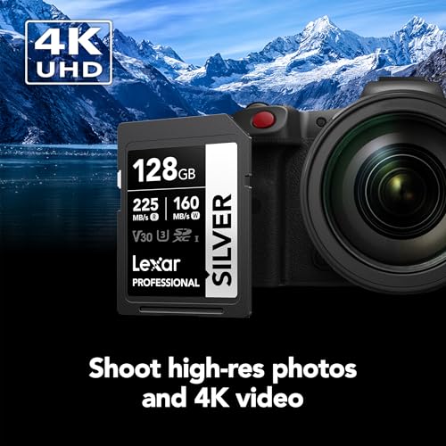 Image of Lexar 128GB Professional Silver SD Card, UHS-I, C10, U3, V30, 4K, Up to 225 /160 MB /s SDXC Memory Card, for Professional Photographer, Videographer, Enthusiast (LSDSILV128G-BNNNU)