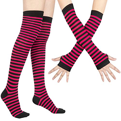 Womens Rainbow Socks Striped Knee High Socks Arm Warmer Fingerless Gloves Set(Rose)