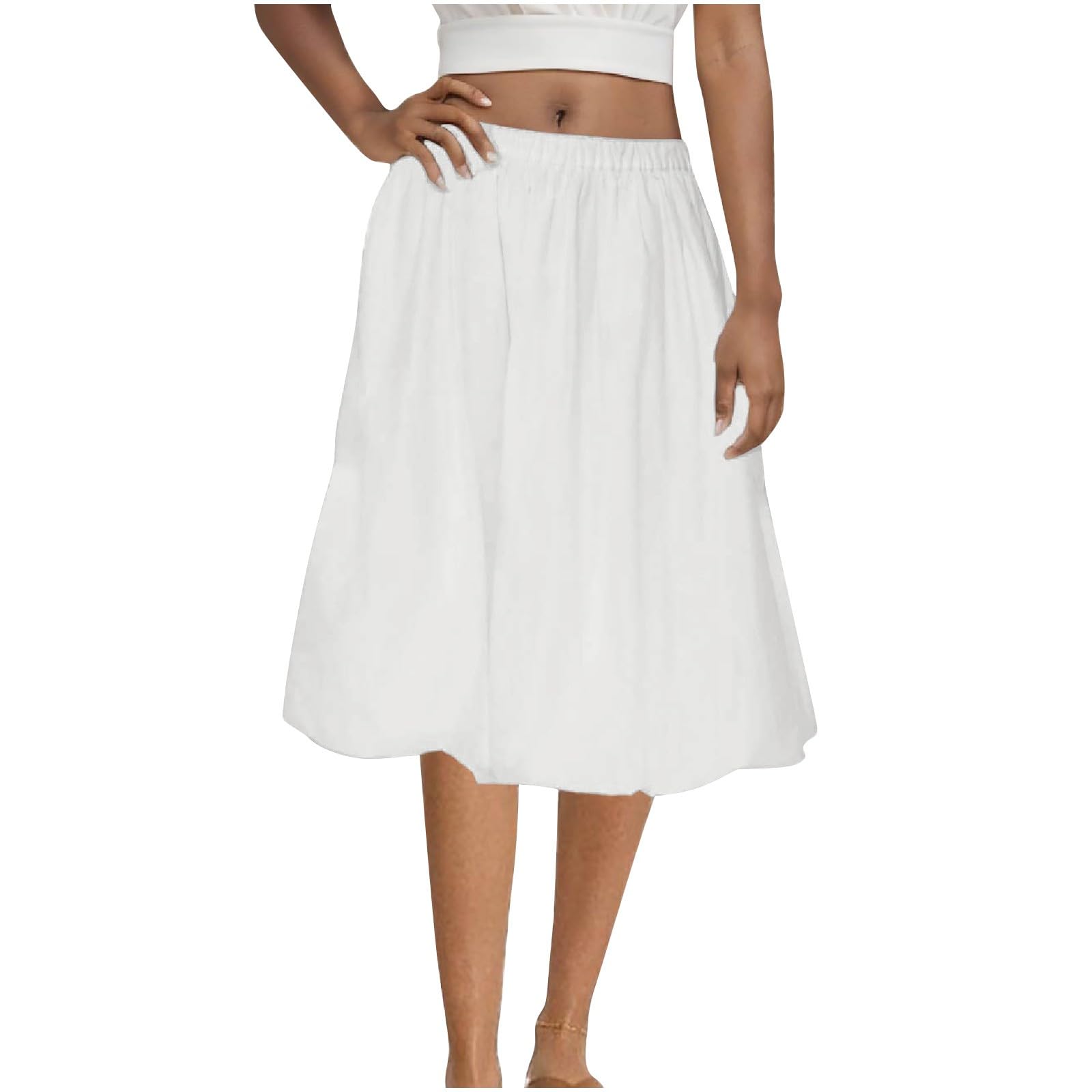 FZYLQY 2026 Women Knee Length Puffy Skirts Elastic Waist Pleated Balloon Midi Skirt Casual Trendy Plain Puff Bubble