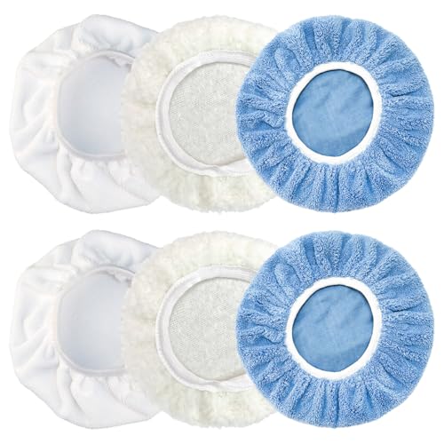 6 Pezzi Cappe per Lucidatura in Morbida Microfibra, Tamponi Lucidatura Auto, Platorello Lucidatura Auto, Tampone Lucidatura Auto, Riutilizzabile, per Lucidatrici Auto da 230 mm a 250 mm, Bianco e Blu