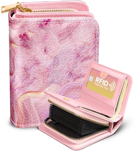 Image of Bistup Leather 12 Slot Accordion Card Holder Wallet, Pink Marble | Accordion Storage, Zipper Around Closure, Compact Patterned Wallet for IDs, Cards, Cash, Daily Carry and Gifts