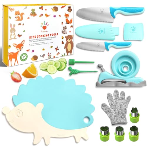 Kibbidea 13 Pcs Kids Kitchen Knife Set, Kids Cooking Sets Real with Cutting Board, Peeler, Serrated Edges Stainless Steel Toddler Safe Knife, Sandwich Cutter (Blue)