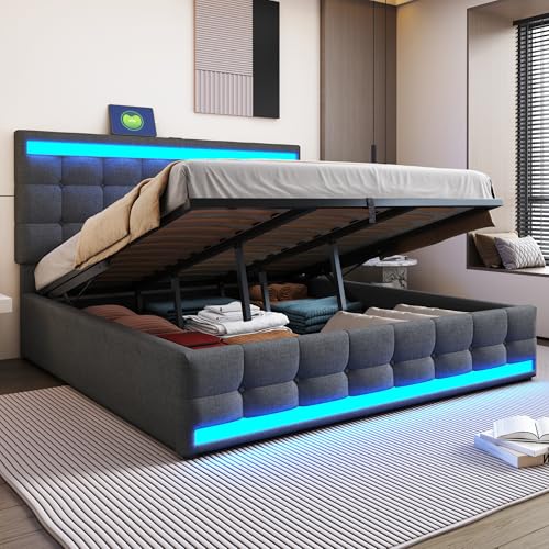 LAKFEW Doppelbett Polsterbett 180x200 cm mit LED-Beleuchtung und USB-Kopfteil, Hydraulisch Bett mit Stauraum, Bettgestell mit Lattenrost, Schlafzimmer Möbel, Grau, Leinen, Ohne Matratze