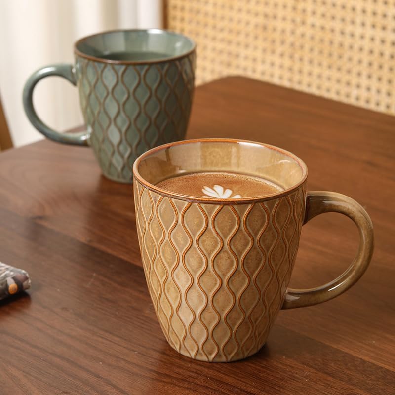 Retro embossment style Ceramics Coffee Mugs , Checkered Coffee Mug Set of 2, 15oz Espresso Cups for Beverages, Stacked Mug Set with Spoons for Housewarming Birthday Gift, Dishwasher Safe （yellow） - Image 2