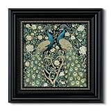 3D Textured Framed Peacock Wall Art 16x16 Vintage Floral Botanical Decor Sandstone Surface, Victorian Antique Bird Painting Black Frame Gold Dot Accents, Classic Peacock Artwork Home Shop Decor