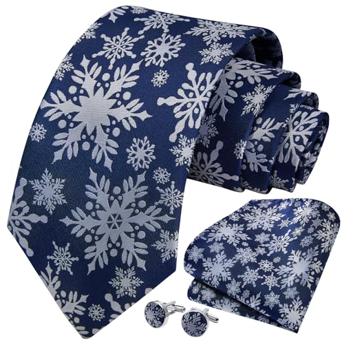 Image of HISDERN Christmas Ties for Men Holiday Tie and Pocket Square Cufflinks Festival Party Xmas Funny Silk Woven Necktie