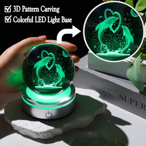 Arikyrist Crystal 3D Dolphins 3.15In Ball Figurine Gifts For Women, Collectible Glass Animal Art For Room With Led Light Base Keepsakes For Dolphin Lovers Home Decor Paperweight thumb #2
